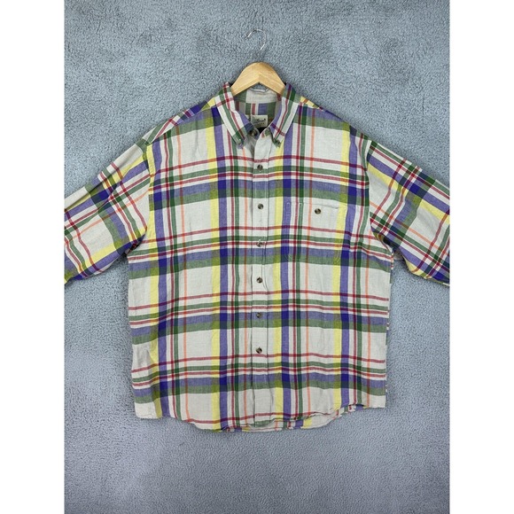 Eddie Bauer Shirt Mens Large Plaid Linen Blend Button Down Short Sleeve Preppy - Picture 1 of 6